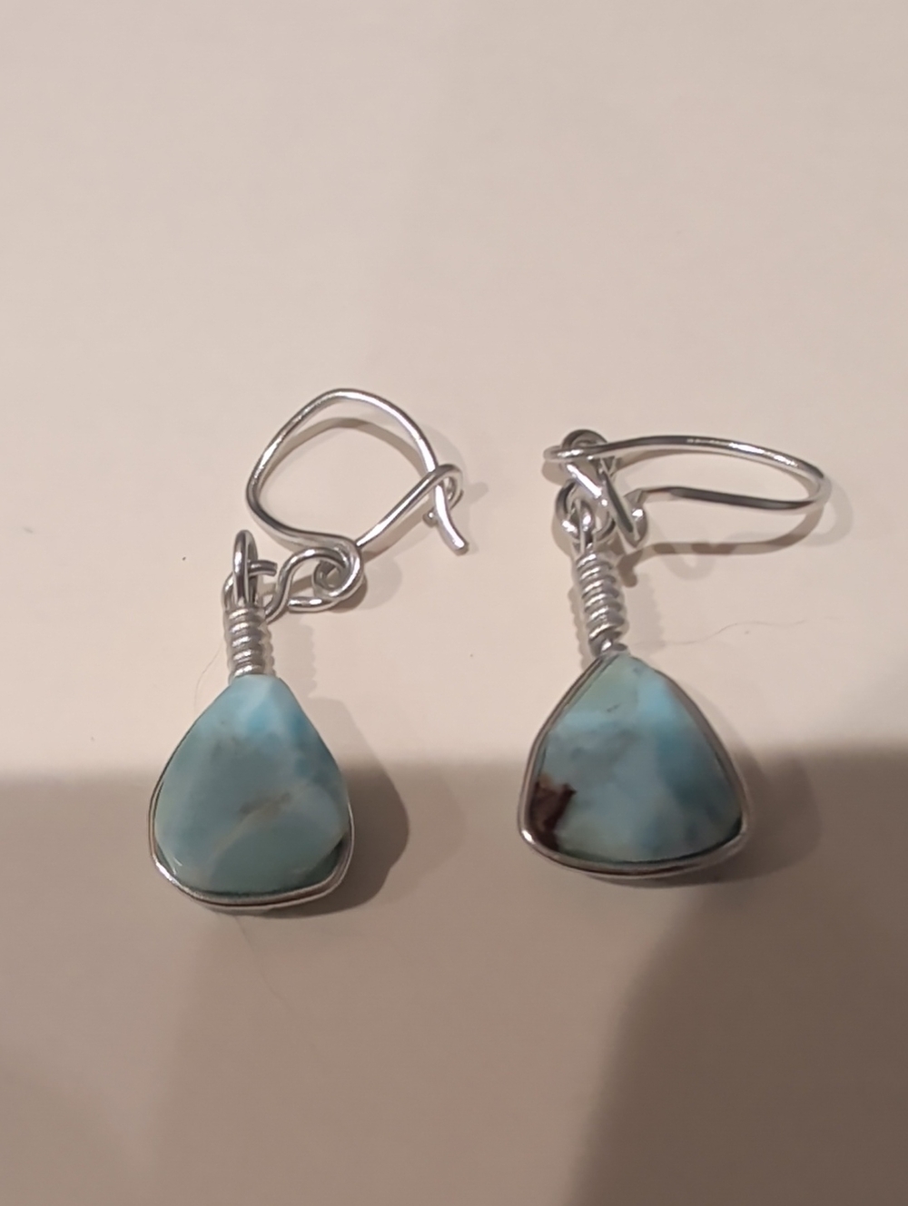Sterling Wire-Wrapped Blue Larimer Teardrop Gemstone Earrings